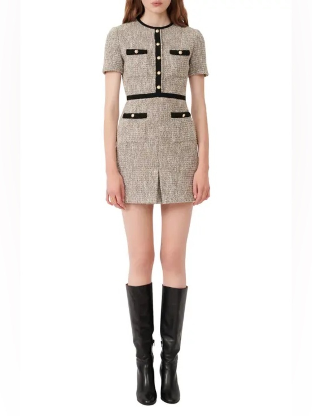 Maje Rinie Contrast Trimmed Mini Dress in Silver (Size FR 34)